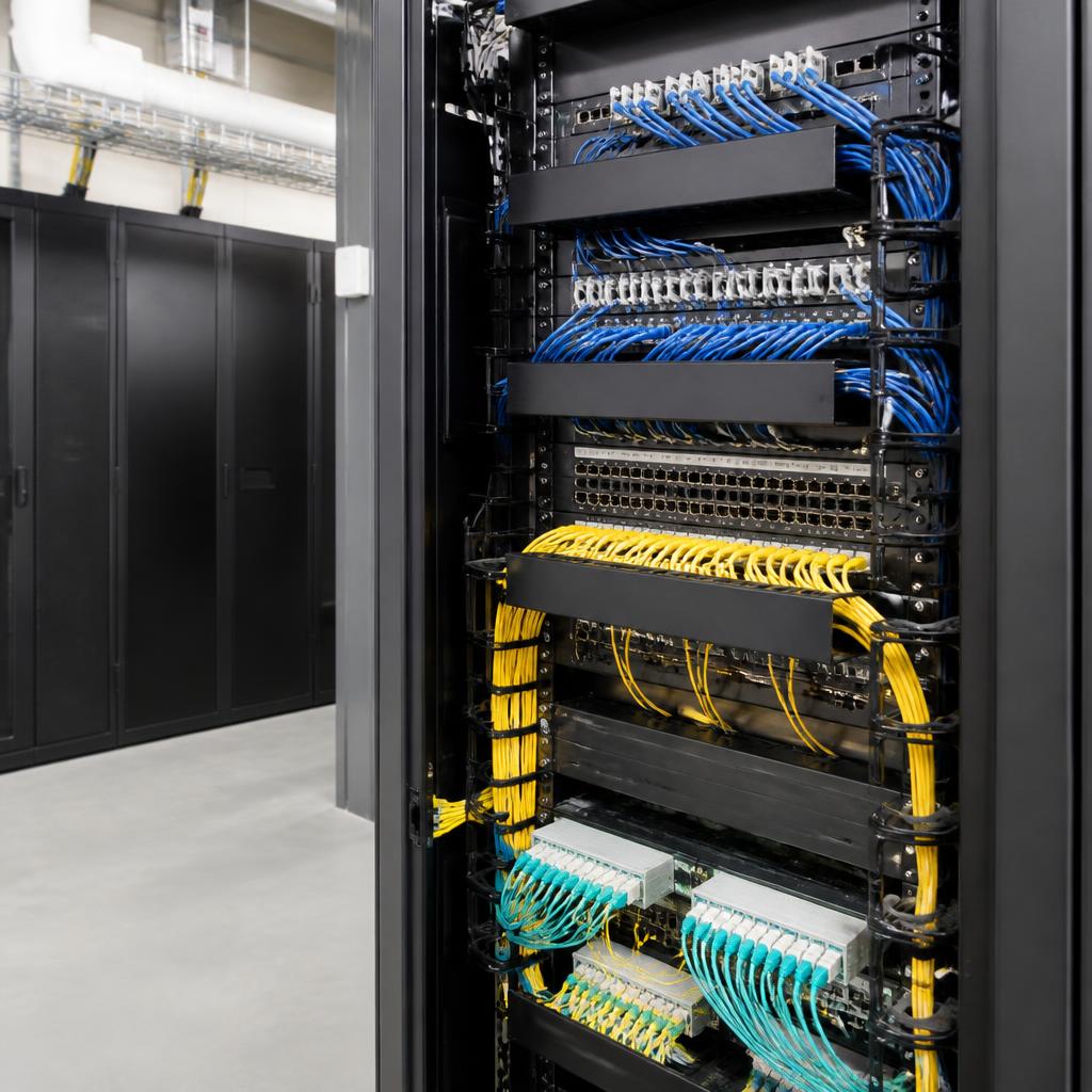 Modern bir ofis katında düzenli kablo yönetimi ve patch panel detayı
