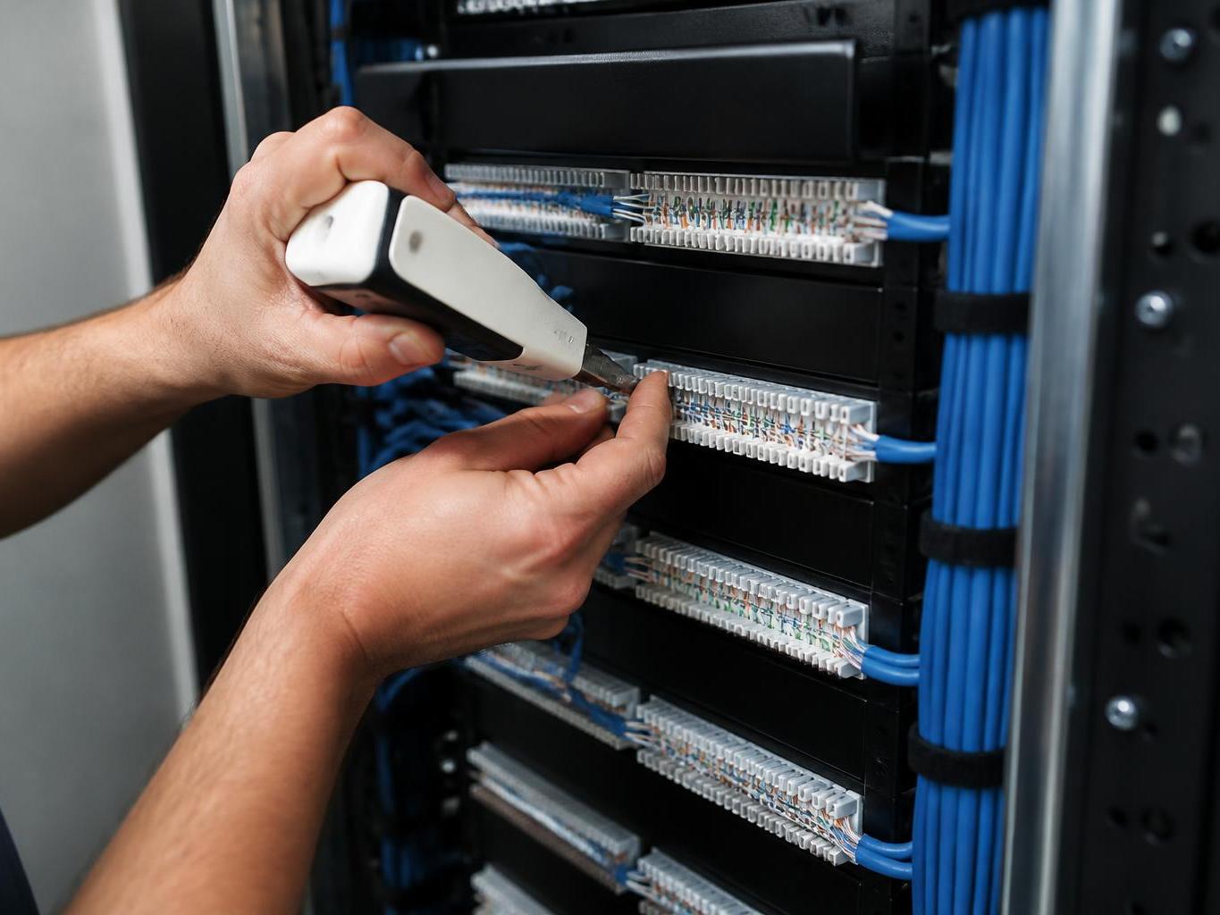 Kampüs ağ kabinetinde patch panel üzerinde bakır kablo sonlandırması yapan teknisyen elleri