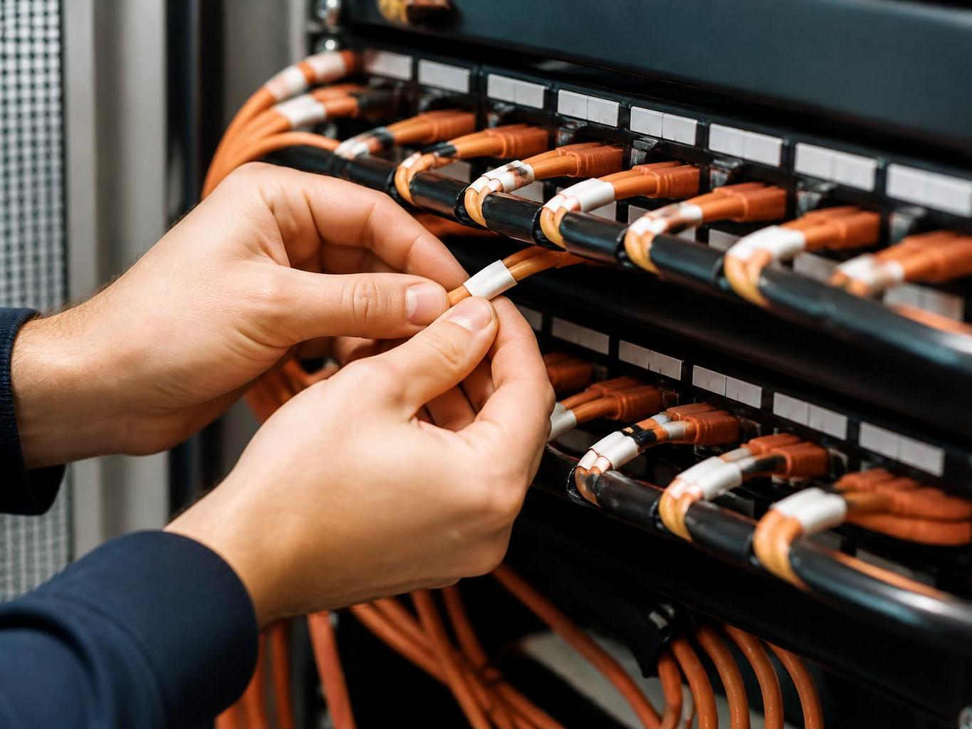 Teknisyenin patch panel üzerinde kabloları düzenleyip sonlandırdığı yakın çekim
