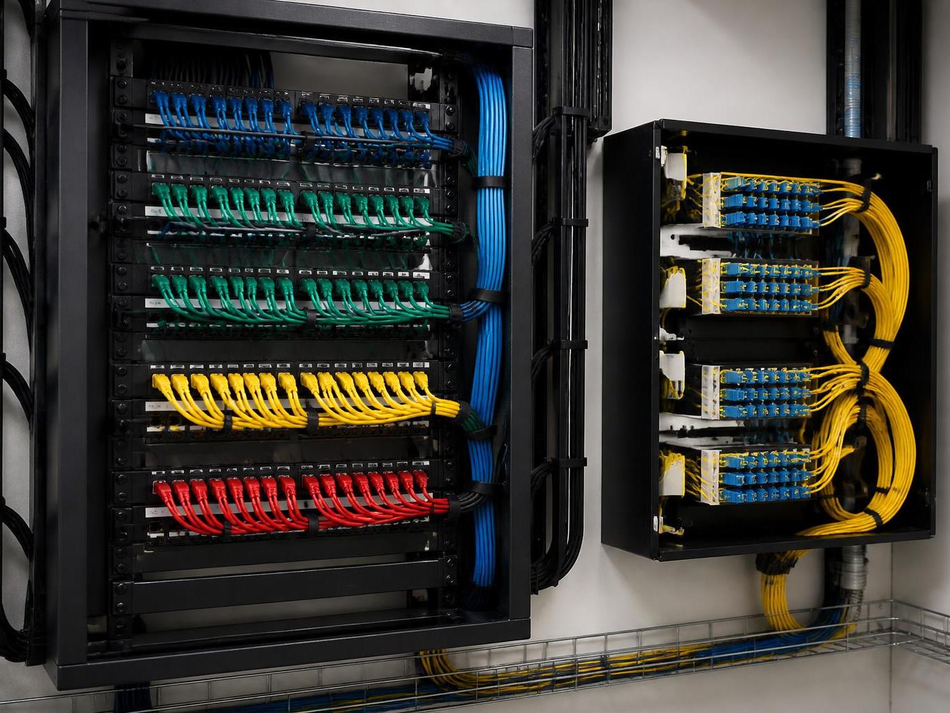 Patch panel ve fiber dağıtım panelinin yer aldığı yapısal kablolama sahası