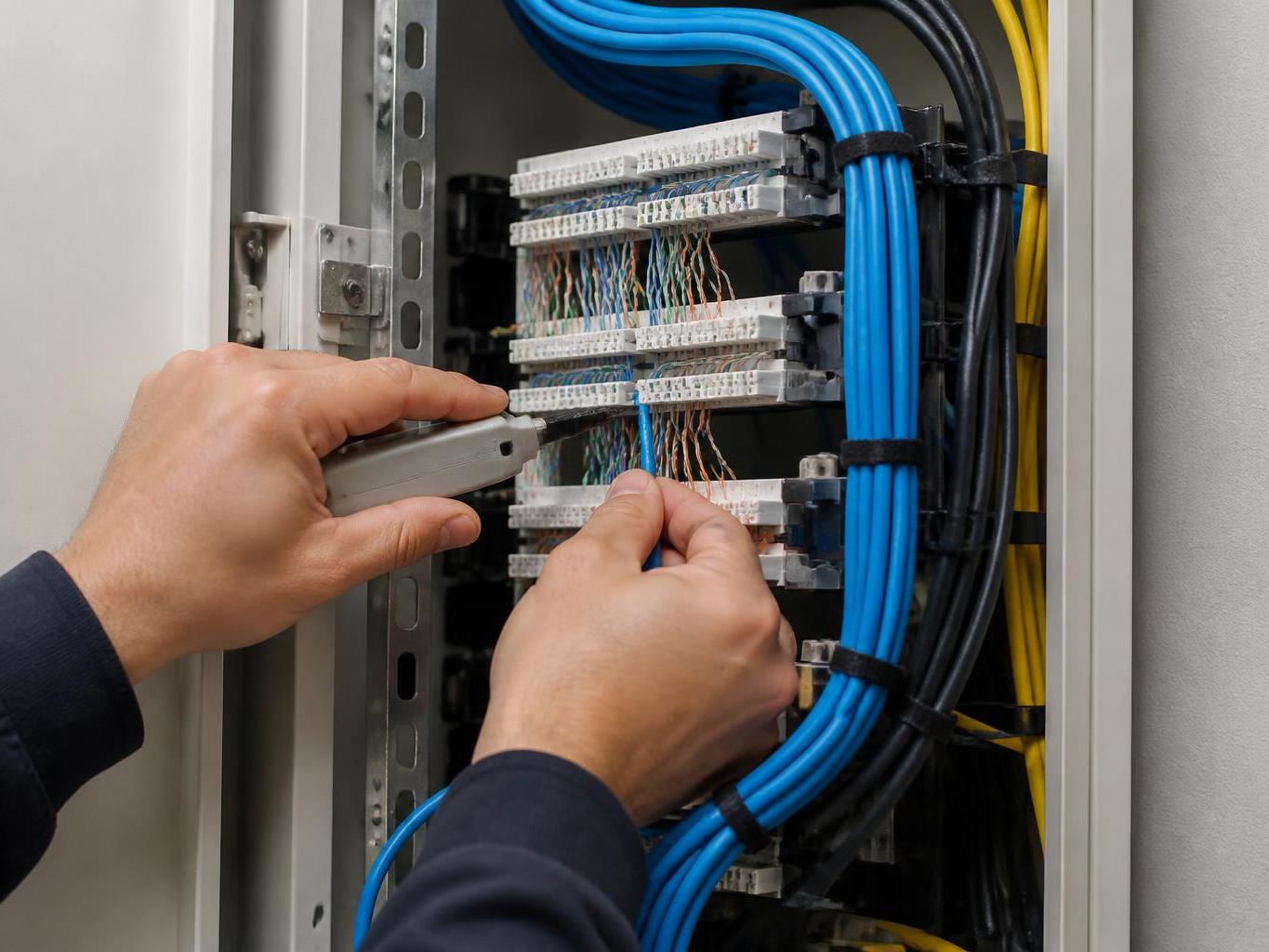 Teknisyenin patch panel üzerinde kablo sonlandırma işlemi